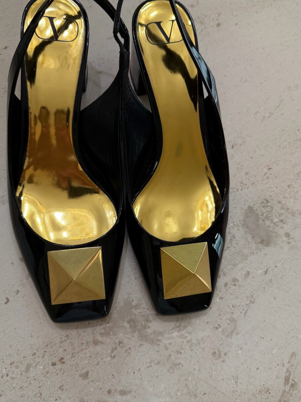 Valentino black Patent Slingback Heels with Gold Pyramid Accent